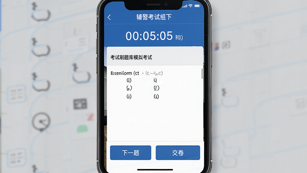 辅警考试刷题库模拟考试界面,手机屏幕显示考试倒计时和答题卡,题目区域展示一道选择题,底部有“下一题”“交卷”按钮,界面风格严肃专业,配色以蓝白为主,布局紧凑合理,画质清晰干净