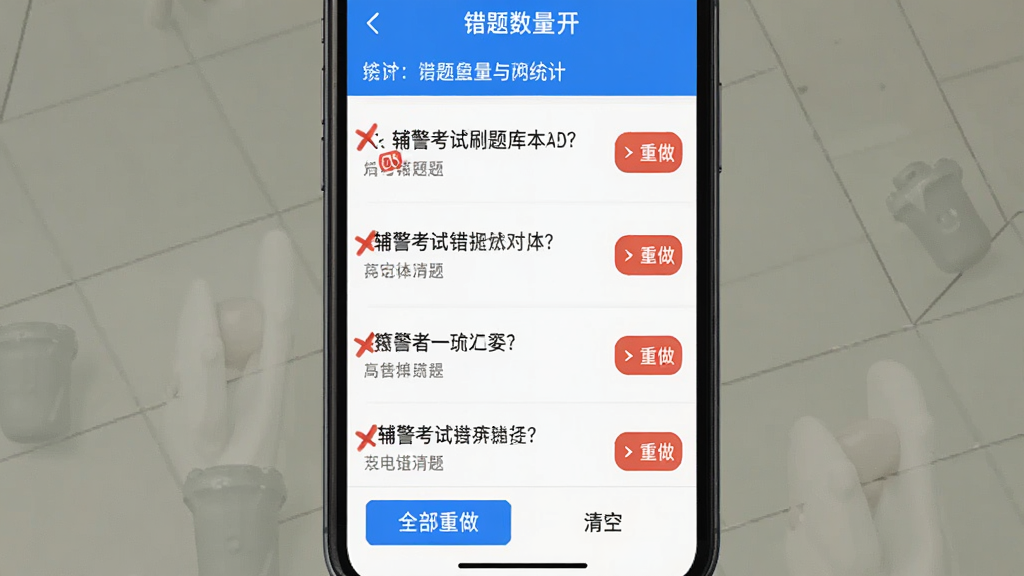 辅警考试刷题库错题本功能界面,手机屏幕展示错题列表,每道题旁边有红色标记和“重做”按钮,顶部显示错题数量统计,底部有“全部重做”“清空”等操作选项,界面风格简洁明快,布局清晰,画质干净无多余元素