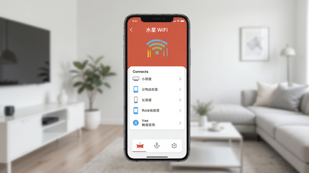 一张展示水星WiFi应用主界面的图片,画面中央是手机屏幕,屏幕上显示水星WiFi管理界面,包含WiFi信号强度图标、连接设备列表和路由器设置入口,背景是简洁的家居环境,整体风格清爽现代,画质清晰,干净无多余元素
