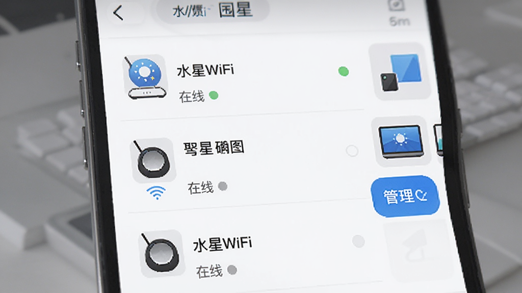 水星WiFi应用设备列表界面示意图,手机屏幕上显示多个设备图标和名称,部分设备标注在线状态,界面右侧有管理按钮,背景简洁,风格现代科技,画质清晰干净