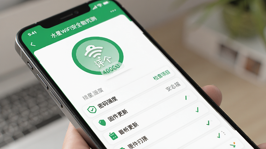 水星WiFi安全检测界面示意图,手机屏幕显示安全评分和检查项目列表,包含密码强度、固件更新等条目,界面配色以绿色和白色为主,风格清新安全,画质清晰干净