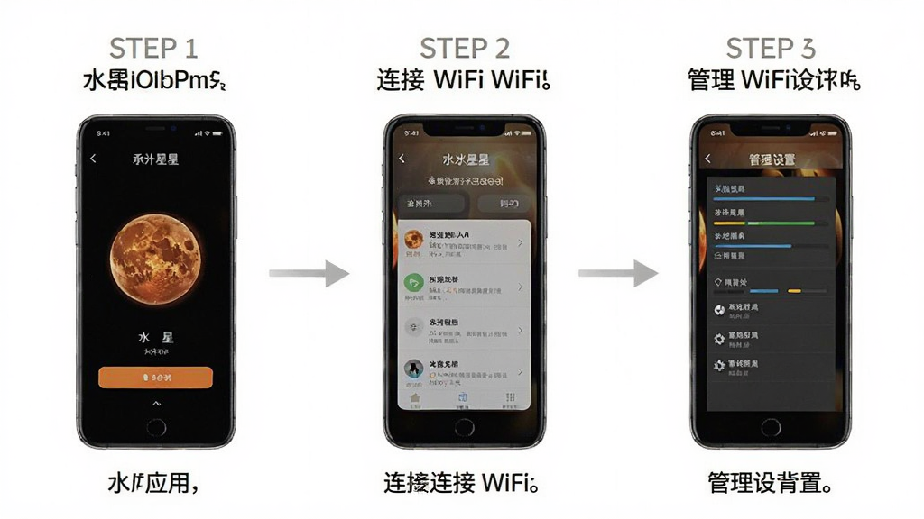 一张展示水星WiFi应用操作步骤的示意图,画面分为三个步骤,分别是打开应用、连接WiFi、管理设置,每个步骤配有手机界面截图和简要文字说明,风格清晰教程化,画质干净无多余元素