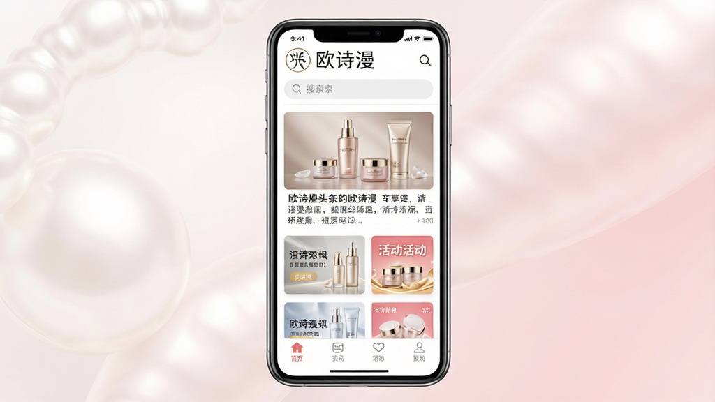 һ��չʾŷʫ��ͷ��Ӧ����������ֻ�ģ��ͼ������������һ���ִ������ֻ�����Ļ����ʾŷʫ��ͷ������Ѷ��ҳ��������Ʒ��Logo�����������в���ͼ����Ѷ��Ƭ�б����ײ�Ϊ�����˵�������Ϊ��͵�������뵭��ɫ���䣬�������ʱ�У�ϸ�ڰ���������ƷСͼ�ͻ��������ʸ��壬�ɾ����࣬�޶���Ԫ�ء�