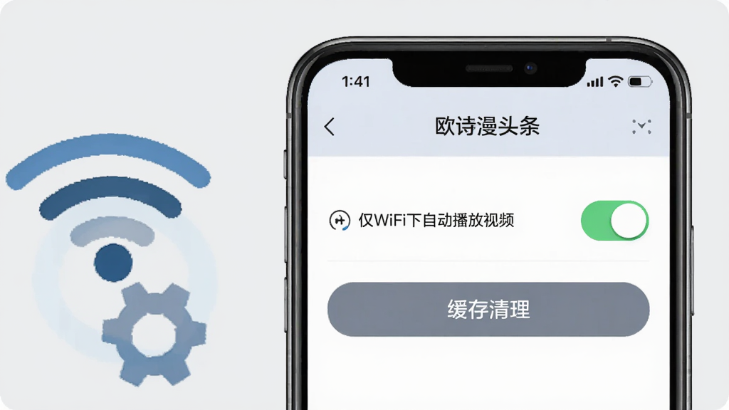 һ���ֻ�չʾŷʫ��ͷ��������ҳ�棬ҳ�����С���WiFi���Զ�������Ƶ�����غͻ���������ť���ֻ��Ա���WiFiͼ��ͳ���ͼ�꣬����Ϊǳ��ɫ����������ˣ����ʸ��壬�޶���Ԫ�ء�