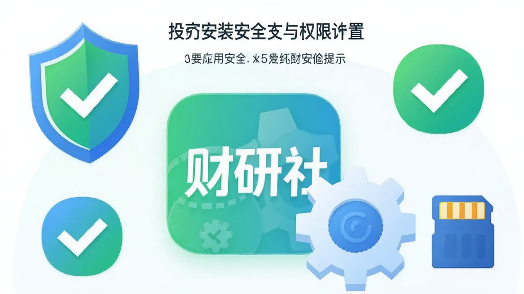 一幅展示手机应用安装与权限设置界面的插画,画面主体是财研社APP图标与设置齿轮,周围有盾牌、对勾、存储卡等元素,布局为上下结构,排版突出安全提示文字,风格为清新简约的科技插画,细节处使用绿色与蓝色搭配,画质高清,干净,无多余元素