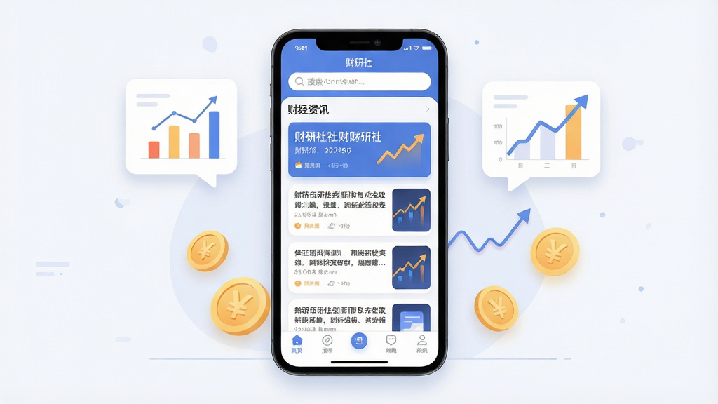 一张展示财研社手机应用界面全貌的场景图,画面主体是一部竖屏智能手机,屏幕内清晰显示财研社APP的首页布局,包含顶部搜索栏、中部财经资讯卡片流与底部导航菜单,周围点缀简约的图表元素与金币图标,布局采用居中构图,排版干净利落,风格为现代科技感扁平插画,细节处体现柔和阴影与圆角设计,画质高清,干净,无多余元素