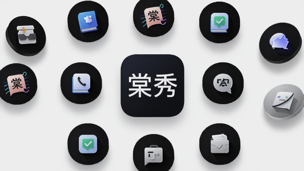 画面展示“棠秀”应用内多个功能模块的图标以圆形排列悬浮在空中,包括记录、浏览、查询等抽象图标,中心为“棠秀”应用图标。背景为浅灰色,图标带有轻微阴影。风格科技感与简洁并存,细节清晰,画质干净,无多余元素