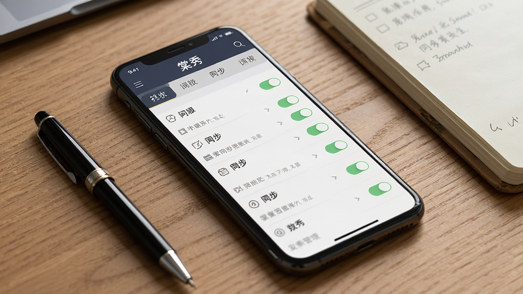 一部手机屏幕显示“棠秀”数据管理界面,列表中有多条记录条目,右侧有同步开关图标,顶部有分类标签。手机平放在桌面上,旁边有一支笔和笔记本。背景为木质桌面。风格写实,细节丰富,画质清晰,无多余元素