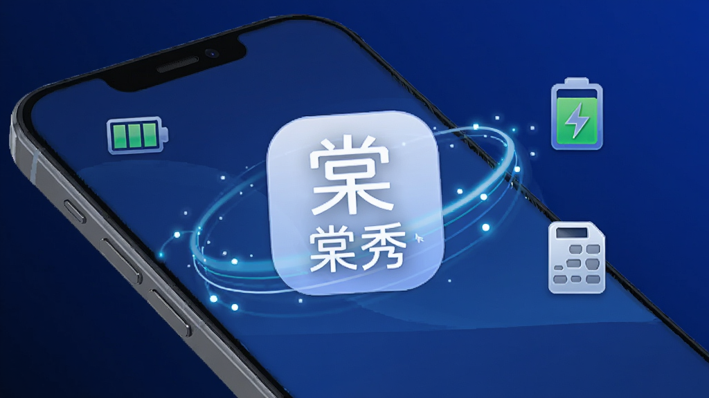 画面展示“棠秀”应用图标位于手机屏幕中央,周围有代表运行流畅的线条和光点,手机旁边有电池与内存图标示意低消耗。背景为深蓝色渐变,风格科技简洁,细节清晰,画质干净,无多余元素