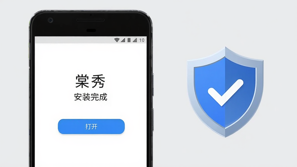一部安卓手机屏幕显示“棠秀”安装完成界面,下方有“打开”按钮,手机旁边有盾牌图标代表安全,背景为浅灰色。风格简洁明了,细节清晰,画质干净,无多余元素