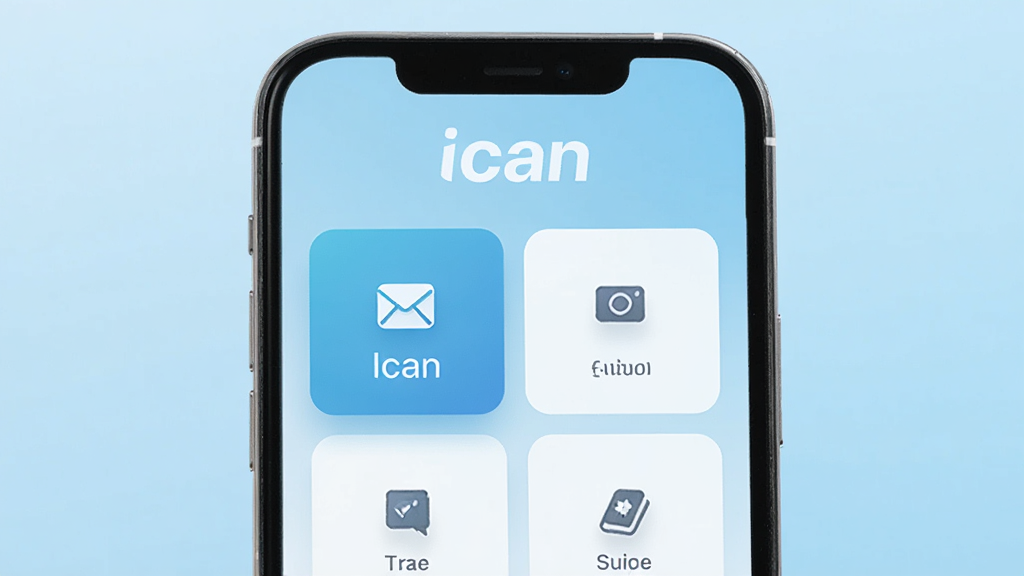 һ�������ֻ���Ļ��ʾIcanӦ�������棬���沼�ּ�࣬������Ican���ֱ�ʶ���м��ǹ��ܿ�Ƭʽ���У�����Ϊǳ��ɫ���䣬��������ִ���ϸ�����������ʸɾ����޶���Ԫ�أ�UI���Ԥ��ͼ