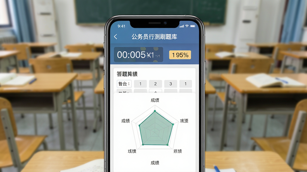 一个全真模拟考试场景的概念图,画面中央为手机屏幕显示行测模考界面,包含计时器、答题卡和成绩雷达图,背景为考场桌椅虚化效果,布局居中,风格写实与扁平结合,细节包括