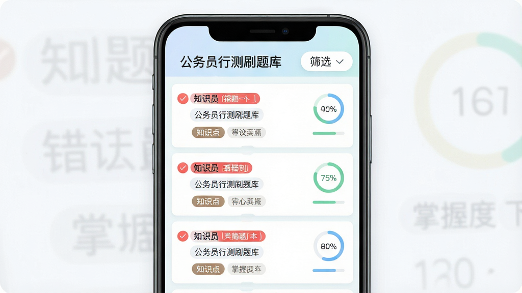 一个智能错题本功能界面图,主体为手机屏幕显示错题列表,每条错题带有红色标记和知识点标签,布局为上下滑动列表,屏幕上方有
