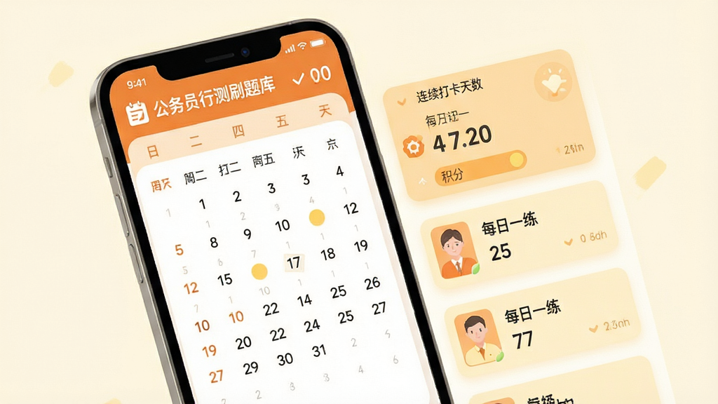 一个每日打卡学习习惯养成界面图,主体为手机屏幕显示日历打卡记录和每日一练题目卡片,布局为日历网格加卡片列表,风格为温暖橙色与浅黄色搭配的扁平化设计,细节包括