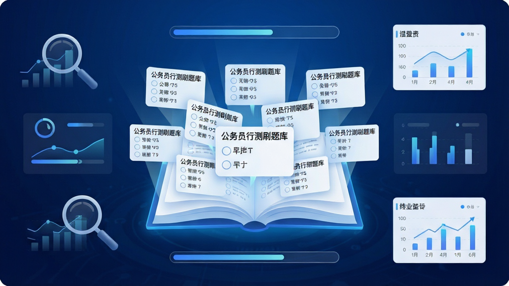 一个大型数字图书馆与题库管理系统的概念图,画面中央是一本发光的电子书,书页中飞出大量排列整齐的选择题卡片,卡片上隐约可见