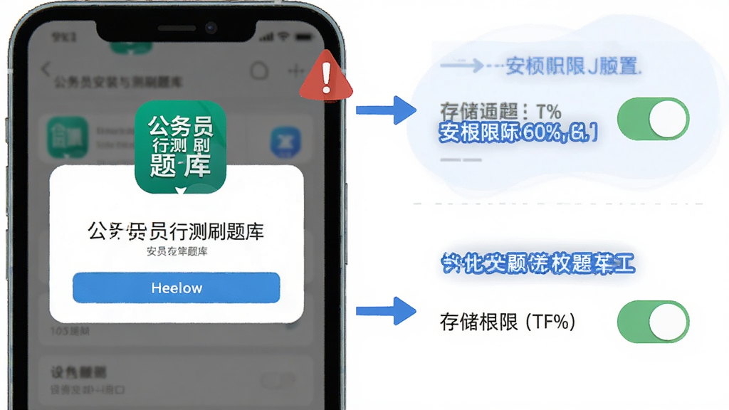 一个手机应用安装与权限设置的操作指引图,主体为手机屏幕显示安装权限弹窗和存储权限开关,布局为上下步骤排列,风格为扁平化教程插图,细节包括