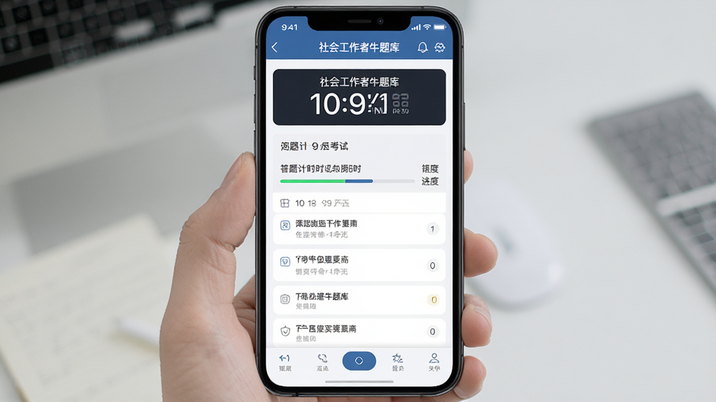一张社会工作者牛题库模拟考试界面的AI生图,画面主体为手机屏幕显示考试倒计时和答题卡,布局为上方计时器下方题目选项,风格为严肃考试类APP界面,细节包含进度条和题号导航,画质清晰干净,无多余元素