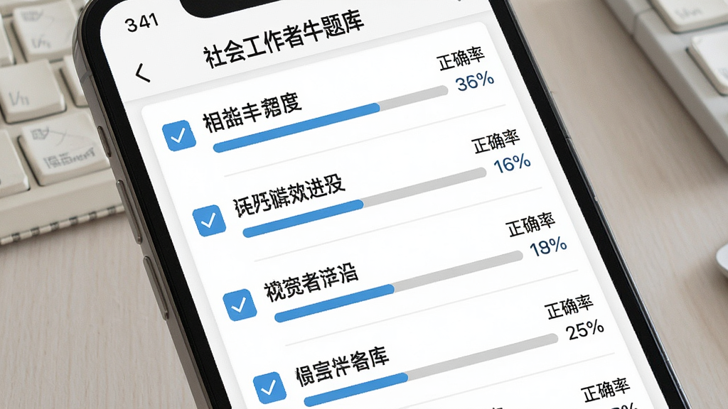一张社会工作者牛题库章节练习页面的AI生图,画面主体为手机屏幕显示章节列表,每个章节名称旁带有进度条和正确率百分比,布局为上下滚动列表,风格为扁平化教育类APP界面,细节包含蓝色勾选图标和灰色进度条,画质清晰干净,无多余元素