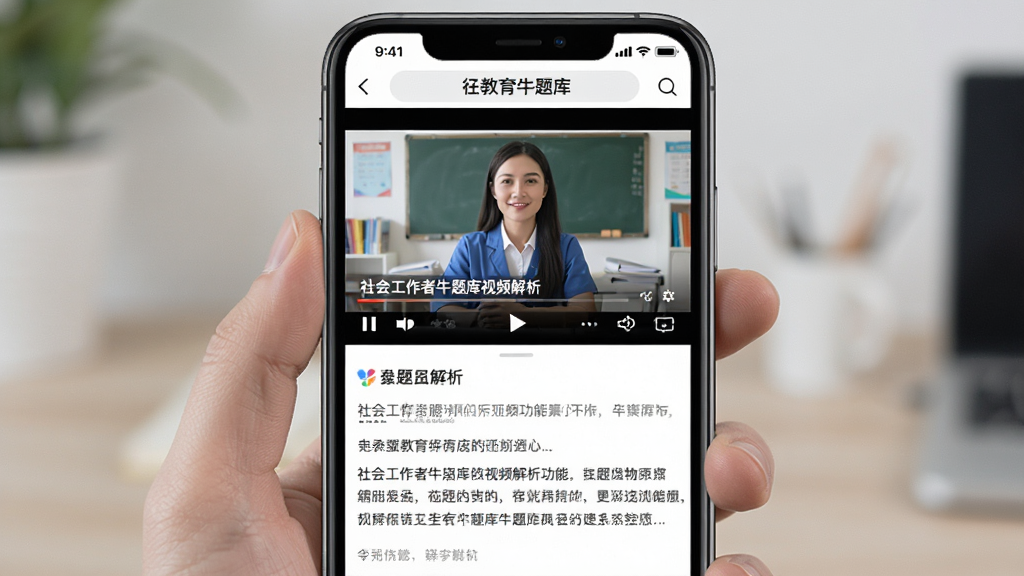 一张社会工作者牛题库视频解析功能的AI生图,画面主体为手机屏幕显示视频播放窗口和题目解析文字,布局为上方视频下方文字,风格为在线教育类APP设计,细节包含播放控制按钮和字幕区域,画质清晰干净,无多余元素
