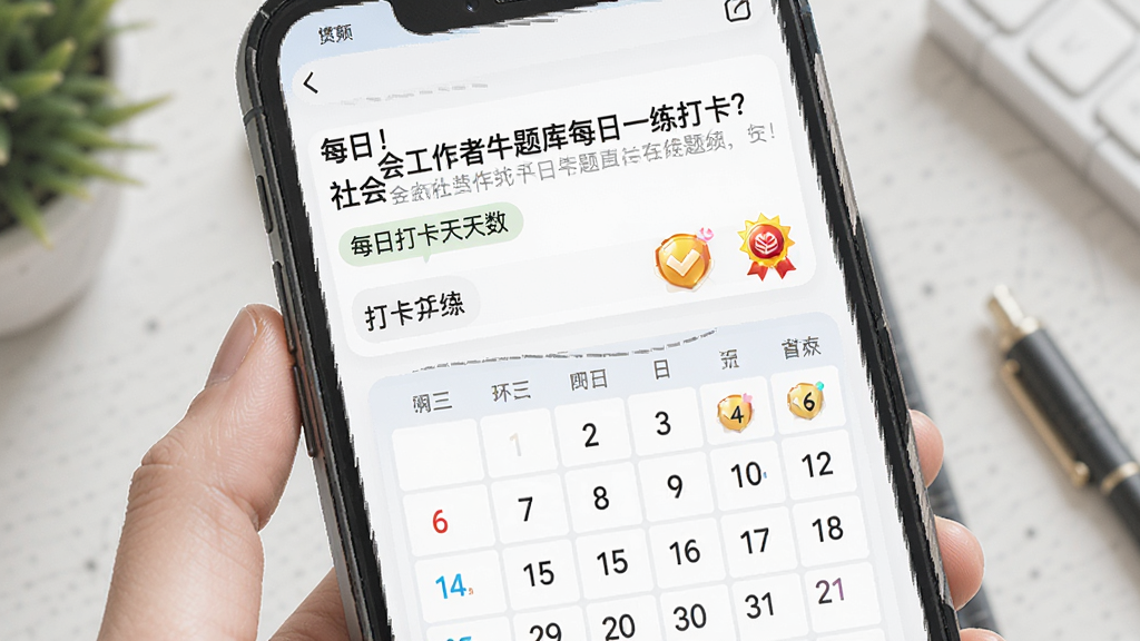 一张社会工作者牛题库每日一练打卡界面的AI生图,画面主体为手机屏幕显示每日题目和打卡日历,布局为上方题目下方日历网格,风格为习惯养成类APP设计,细节包含连续打卡天数和奖励图标,画质清晰干净,无多余元素
