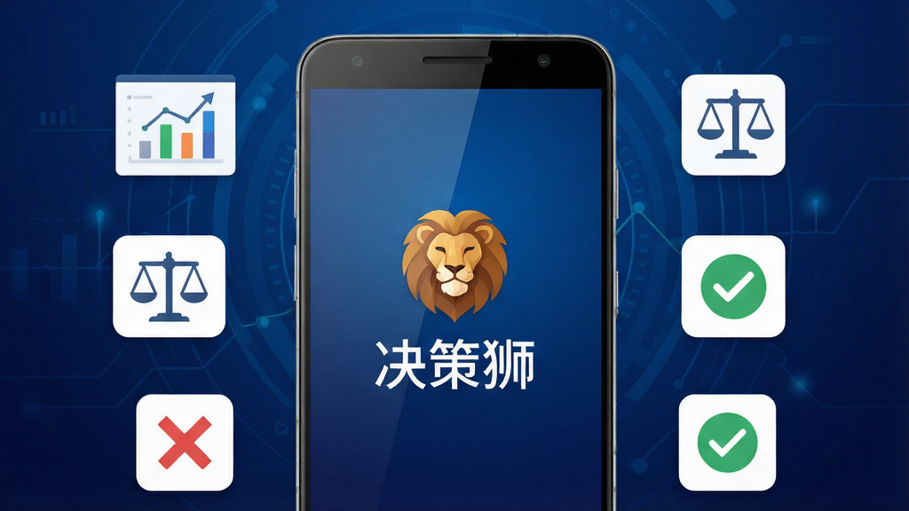 软件全貌展示图,画面中央放置一部安卓手机,手机屏幕上显示决策狮软件的启动界面,界面中央有狮子头像图标和“决策狮”三个字,背景为深蓝色渐变科技风格,手机周围环绕着数据图表、天平、对勾与叉号等决策相关的小图标,布局简洁对称,风格为现代扁平化科技风,细节包括手机边缘的高光反射与界面UI的细腻质感,画质4K,干净,无多余元素