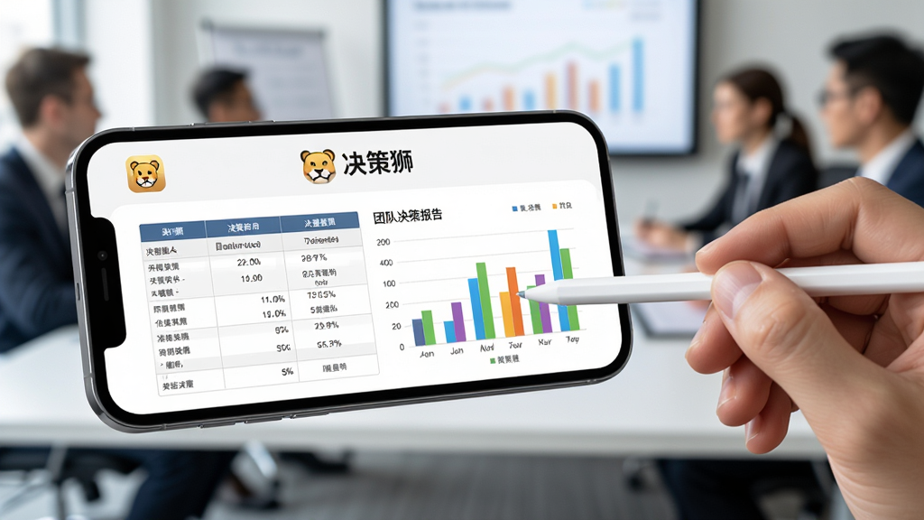 决策狮团队协作场景图,画面中一部手机横屏显示团队决策报告页面,屏幕上方有“决策狮”小图标,手机右侧有一只手拿着触控笔指向屏幕,背景为模糊的会议室场景,布局为手机占据画面中心偏左,风格为商务办公风,细节包括屏幕报告的表格线条与彩色柱状图,画质4K,干净,无多余元素