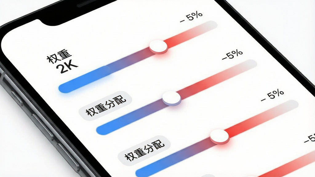 决策狮软件界面图,画面展示手机屏幕特写,屏幕内显示多个带有百分比数值的滑块条,滑块颜色从蓝到红渐变,旁边有“权重分配”字样,背景为纯白色,布局简洁居中,风格为现代简约科技风,细节包括滑块的圆角设计与数值字体的清晰显示,画质2K,干净,无多余元素