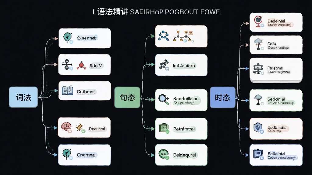 英语语法精讲核心特色展示图,主体为多层级语法知识树结构,布局从左到右依次排列词法句法时态等分支,排版采用卡片式模块组合,风格为现代简约教育信息图,细节包括每个分支上的小图标与知识点标签,画质高清干净无多余元素。