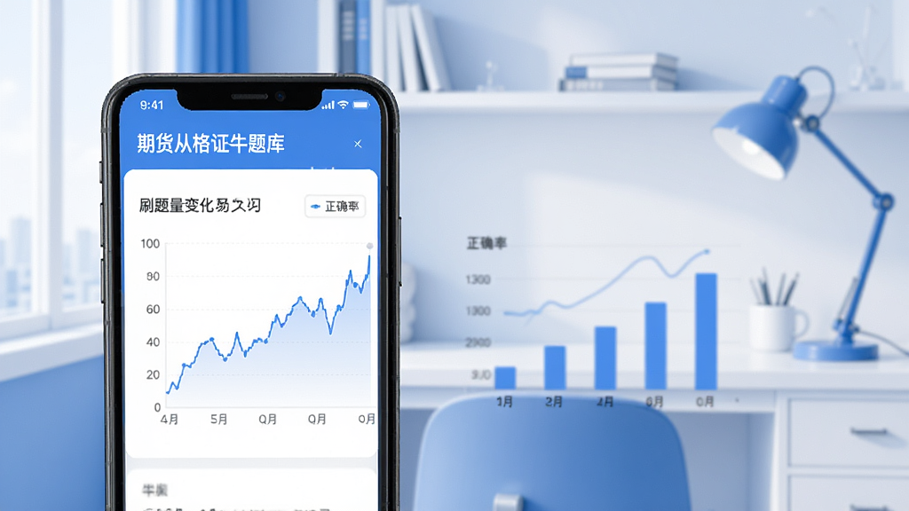 手机屏幕展示期货从业资格证牛题库的学习数据统计页面,屏幕上有折线图和柱状图展示正确率和刷题量变化趋势,背景为简约的书房环境,蓝白色调,扁平化设计,高清干净