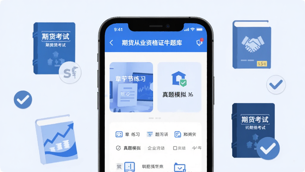 一款名为期货从业资格证牛题库的手机应用展示在干净的浅色背景中央,手机屏幕显示题库练习界面,包含章节练习和真题模拟等选项,周围环绕期货考试相关的书籍图标和勾选标记,扁平化设计风格,色彩以蓝色和白色为主,画面干净整洁,无多余元素,高清画质