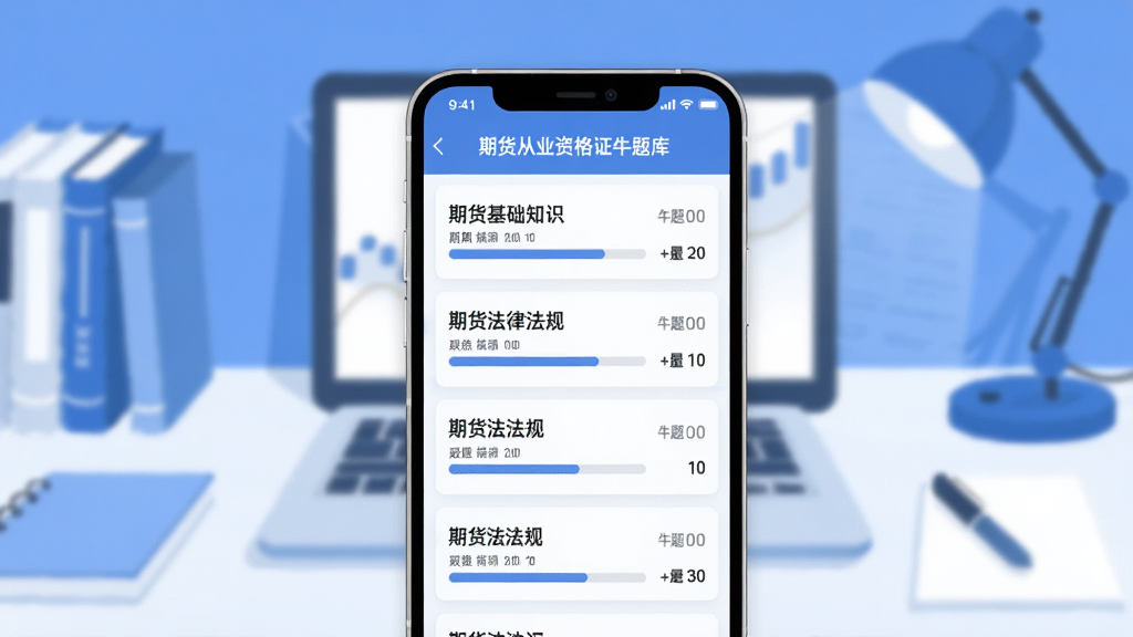 手机屏幕中展示期货从业资格证牛题库的题库列表页面,屏幕上排列着期货基础知识、期货法律法规等科目分类,每个分类旁边有进度条和题量统计,背景是整洁的书桌场景,蓝白色调,扁平插画风格,画面干净清晰,高质量渲染