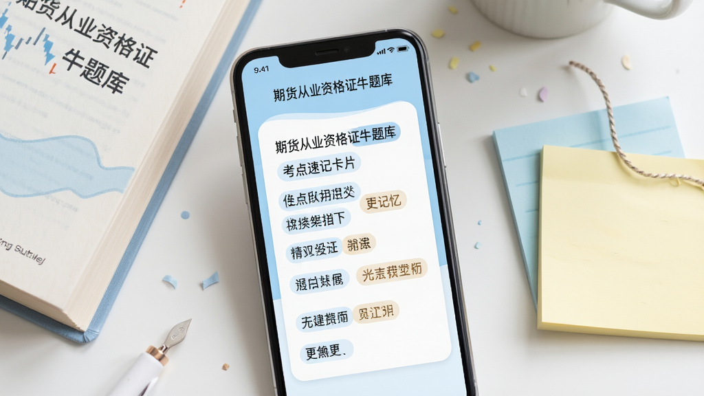 期货从业资格证牛题库的考点速记卡片界面展示在手机屏幕上,屏幕显示简洁的文字要点和记忆标签,旁边有书本和便签纸装饰,整体风格清新舒适,浅蓝色和白色为主,画面干净清晰