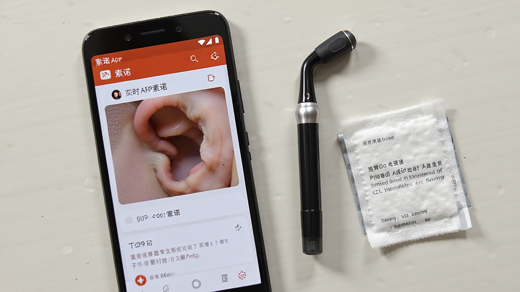 一部安卓手机放在桌面上,屏幕显示素诺APP实时耳道画面,手机旁边有一支智能可视耳勺和一张酒精棉片,布局为俯视平铺,排版自然,风格为生活护理场景,细节包含手机界面清晰、棉片纹理、柔和阴影,画质高清,画面干净,无多余元素