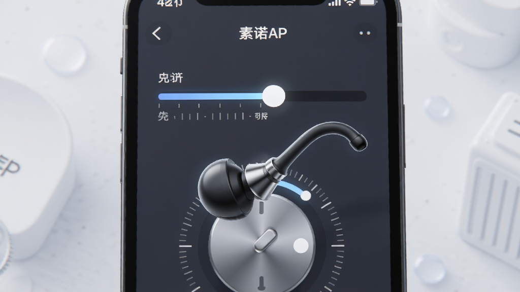 手机屏幕展示素诺APP调节滑块界面,画面中有亮度条和焦距调节圆盘,屏幕前方悬浮一支智能可视耳勺,主体突出,布局居中,排版对称,风格为科技交互界面风,细节包含滑块高光、刻度线、柔和背景,画质高清,画面干净,无多余元素