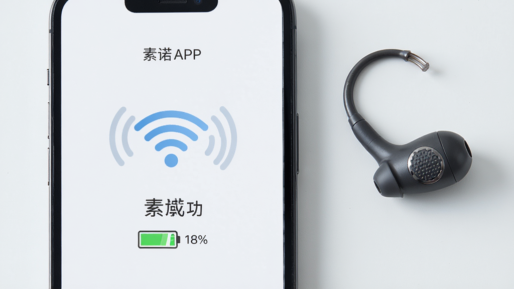 手机屏幕显示素诺APP设备连接成功界面,画面中有WiFi信号图标和设备电量百分比,旁边放置一支智能可视耳勺,布局左右平衡,排版简约,风格为现代智能家居风,细节包含信号波纹、电量图标、浅色背景,画质高清,画面干净,无多余元素