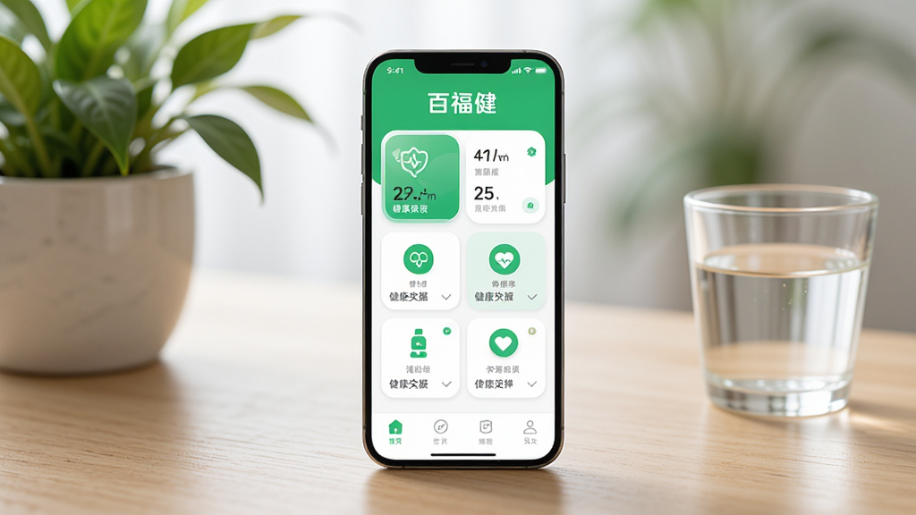 一部智能手机放置在木质桌面上,屏幕显示百福健APP的首页界面,界面中有健康数据卡片和绿色健康图标,背景有绿植和一杯温水,布局简洁明快,排版居中,风格为现代健康类应用宣传图,细节包括圆角图标、柔和阴影、清晰的文字标签,画质高清,干净,无多余元素