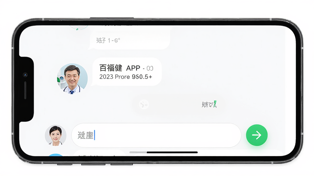百福健APP在线咨询界面,手机屏幕显示聊天对话窗口和医生头像,界面有绿色发送按钮和白色气泡,布局为典型即时通讯排版,风格为医疗健康咨询类应用,细节包括输入框圆角、头像圆形、时间戳灰色小字,画质高清,干净,无多余元素
