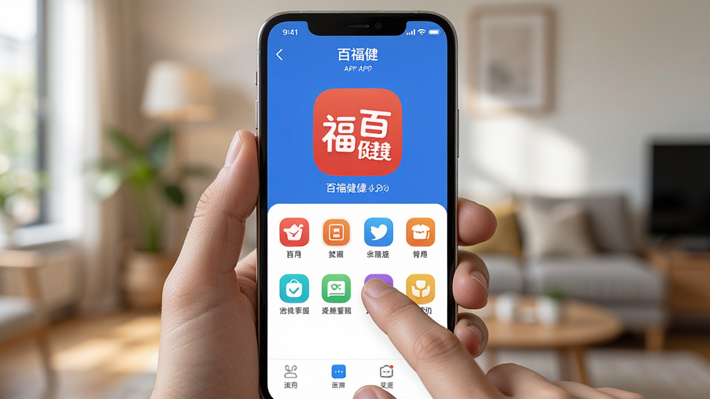 百福健APP在手机上的操作界面展示,手持手机竖屏显示应用主界面,背景为模糊的室内环境,布局为手机特写,风格为产品使用场景图,细节包括手指点击屏幕、界面图标清晰、光影自然,画质高清,干净,无多余元素