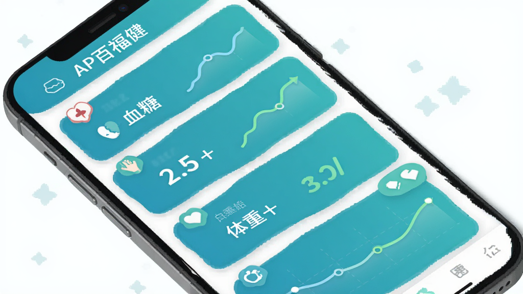 百福健APP数据记录界面,手机屏幕显示血压、血糖、体重等指标卡片和折线趋势图,界面配色以蓝绿色为主,布局为纵向卡片列表,风格为扁平化健康管理界面,细节包括数字加粗显示、图表线条流畅、图标简洁,画质高清,干净,无多余元素