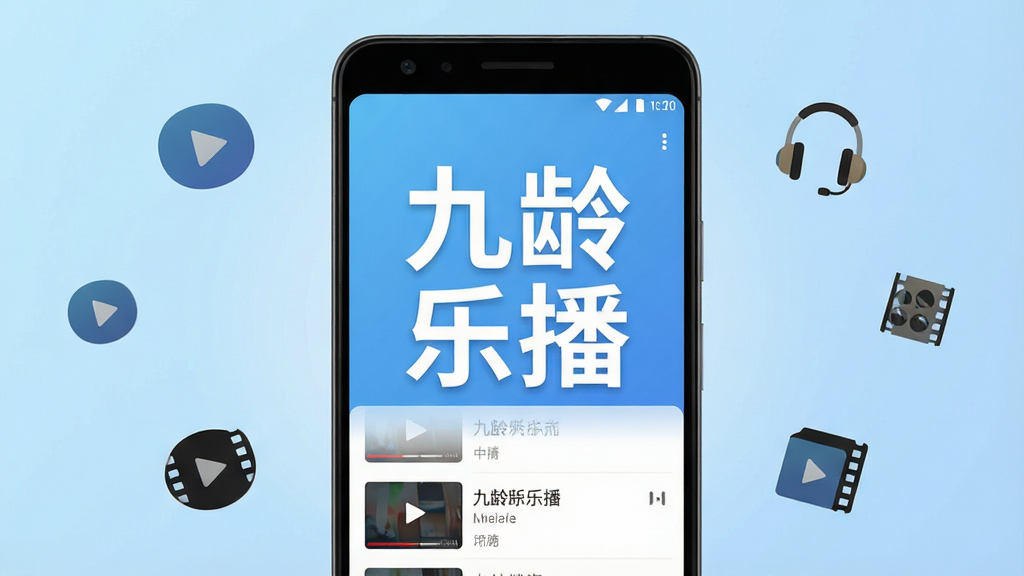 一张展示九龄乐播手机应用主界面的预览图,画面中央是一部竖屏安卓手机,手机屏幕中显示“九龄乐播”四个大字和简洁的视频播放列表界面,背景为浅蓝色渐变,周围点缀播放按钮、耳机、胶片等小图标,整体风格清爽现代,排版居中,细节清晰,画质干净,无多余元素