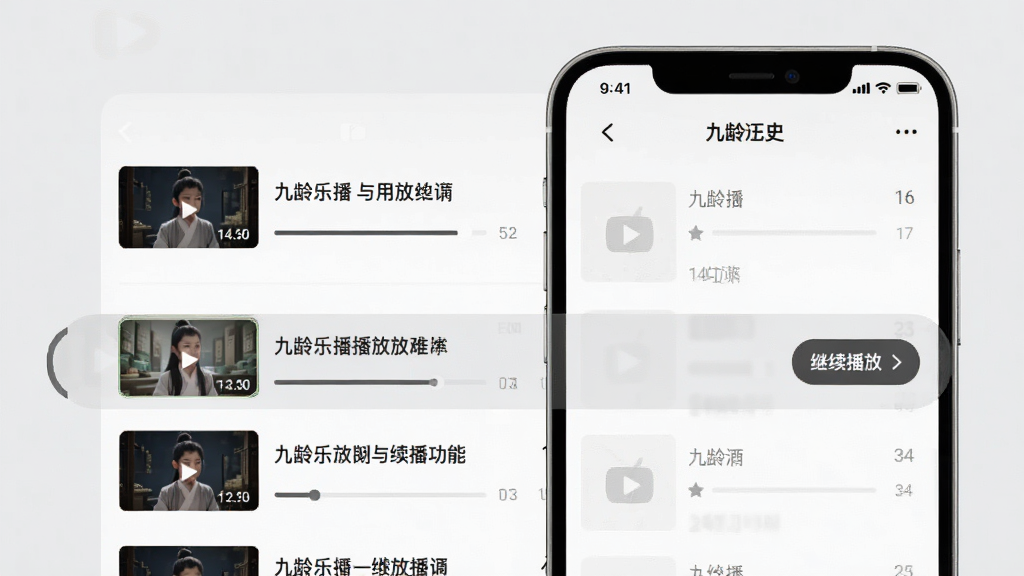 一张展示九龄乐播播放记录与续播功能的界面图,画面中手机屏幕显示播放历史列表,每条记录带有缩略图、视频标题和进度条,其中一条记录高亮显示“继续播放”按钮,背景为浅灰色极简风格,排版整齐,细节清晰,画质干净,无多余元素