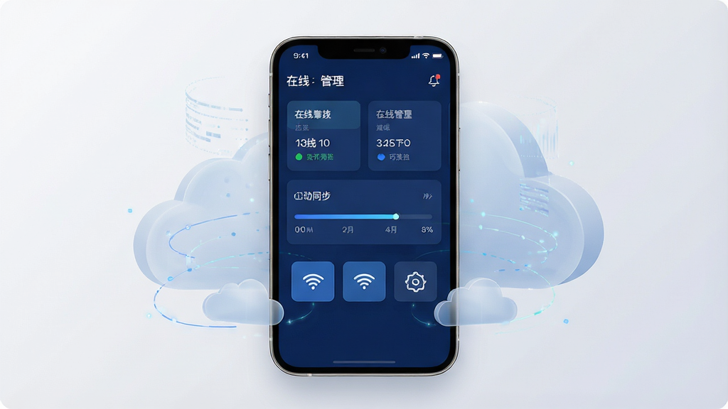 一张展示云端掌控软件主界面的手机应用截图预览图,画面中央是一部现代智能手机,屏幕显示深蓝色调的远程设备管理仪表盘,包含设备在线状态卡片、云端同步进度条、远程指令按钮图标,手机周围环绕半透明的云朵与数据流线条,背景为干净的浅灰渐变,风格简洁科技感,布局居中对称,细节清晰,画质高清,干净,无多余元素