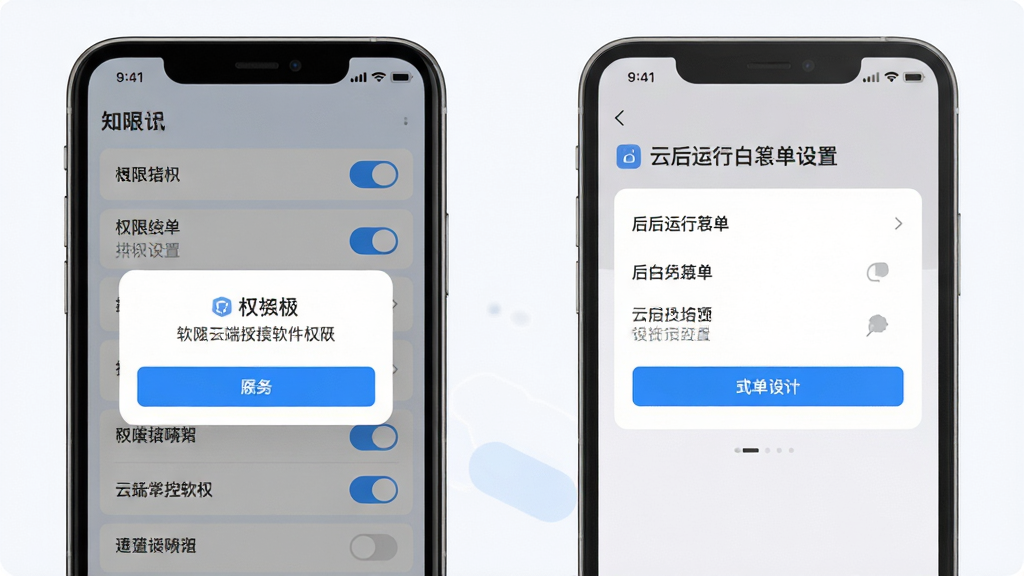 云端掌控软件新手安装设置界面示意图,画面展示手机屏幕上的权限授权弹窗与后台运行白名单设置页面,界面元素包括开关按钮、权限列表、提示文字,配色为浅色背景配蓝色高亮,布局清晰分层,风格简洁实用,细节干净,画质高清,无多余元素