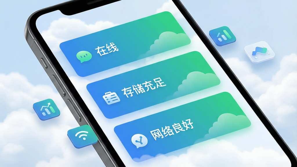 云端掌控软件远程设备状态查看功能展示图,画面主体为手机屏幕特写,屏幕上排列着三张设备状态卡片,分别显示“在线”“存储充足”“网络良好”字样,卡片使用蓝绿渐变配色,背景是柔和的云朵纹理,旁边漂浮着小型数据图标,风格干净现代,布局上下排列整齐,细节锐利,画质高清,无多余元素