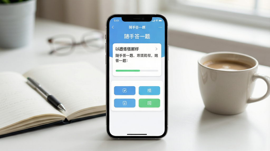 一张手机屏幕展示答题应用界面的场景图,画面中央是一部竖屏智能手机,屏幕上显示
