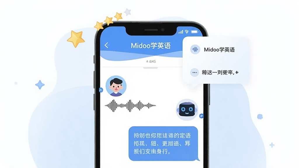 一幅AI语音对话练习场景的插画,画面中央是一部手机,手机屏幕上显示