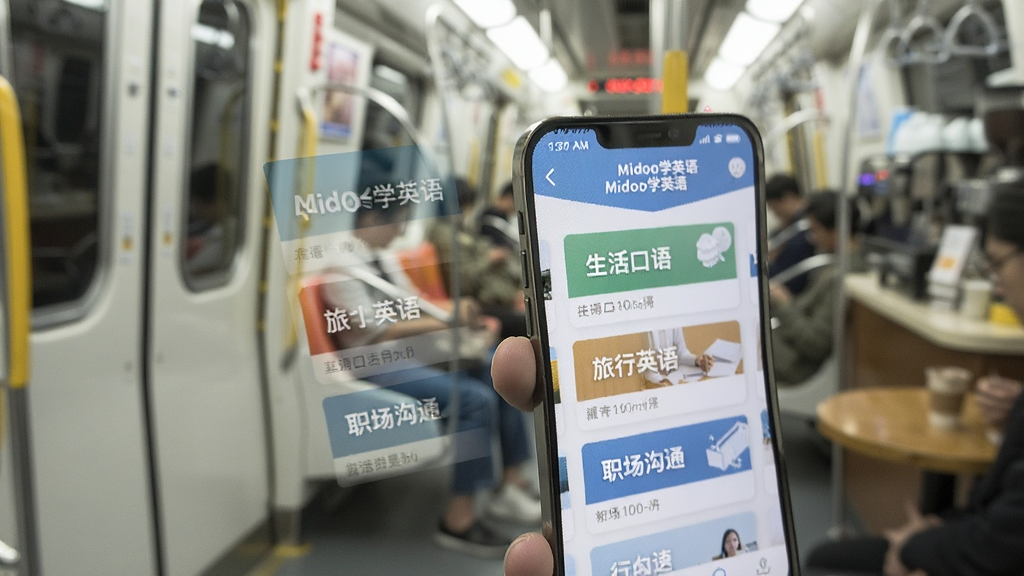一张展示碎片化学习场景的图片,画面中一只手拿着手机,手机屏幕显示