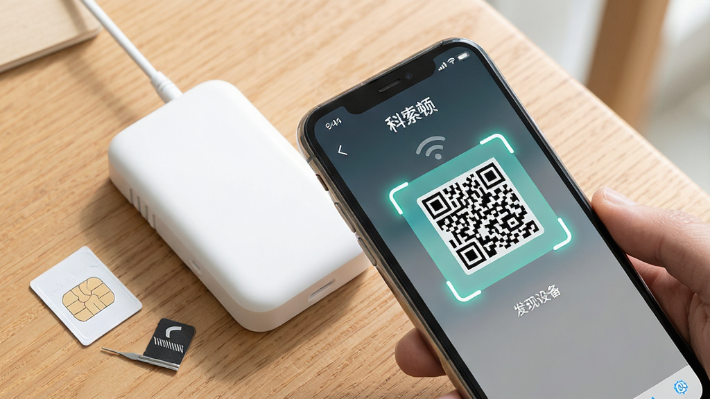����չʾһ���ֻ�����ɨ��һ����ɫ����WiFi�豸�ϵĶ�ά�룬�ֻ���Ļ��ʾ�������١�Ӧ�õ�ɨ��󶨽��棬����������ɨ���͡������豸����ʾ���֡��豸������ľ�������ϣ��Ա���һ��SIM����ȡ���롣������Ϊ���������Ĳ�Ʒ��ʾͼ�����ֲ��öԽ��߹�ͼ���ֻ����豸�γɻ�����ϵ��ϸ����ͻ����ά��������Ⱥ��ֻ���Ļ��UIԪ�أ�����Ϊ������Ӱ��񣬻���ɾ��޶���Ԫ�ء�