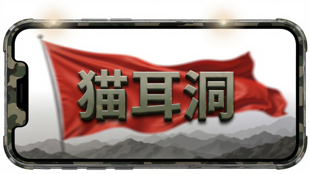 画面主体为一个迷彩风格的手机界面,屏幕中央显示“猫耳洞”三个立体中文字,背景是缓缓飘动的红旗和远山剪影,布局采用居中构图,上方留白,风格为写实军事风,细节包括迷彩纹理、金属质感边框、柔和的光晕效果,画质清晰,干净,无多余元素