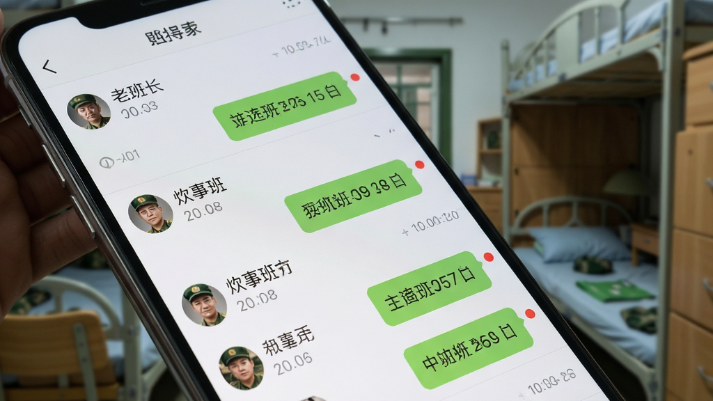 画面主体为一部手机屏幕显示群聊界面,聊天列表中有“老班长”“炊事班”等昵称,背景是虚化的军营宿舍,布局采用斜视角度,风格为写实科技风,细节包括聊天气泡的圆角、时间戳、未读红点,画质清晰,干净,无多余元素